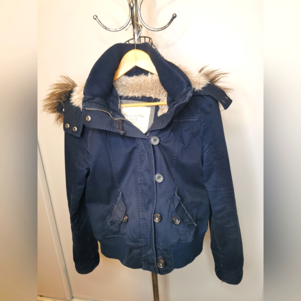 Abercrombie and Fitch Navy Faux Fur Trimmed Bomber Jacket